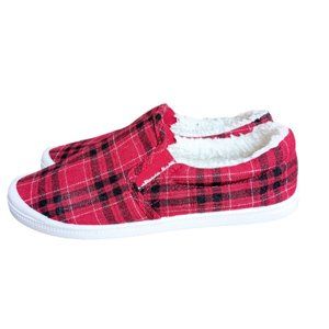 Kinetic Energy Red Plaid Slip-On Fur Lined Comfort Shoes/Slippers Womens Size 8